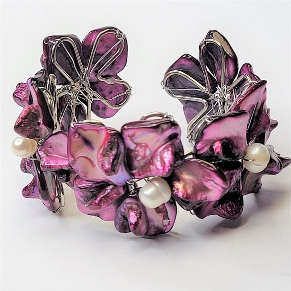 Dark Purple Pearl Adjustable Cuff Bangle Bracelet- NEW - Picture 4 of 13